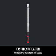 Craftsman torque wrench CMMT99434, chrome finish and red-black handle, shown vertically on black background, front angle.