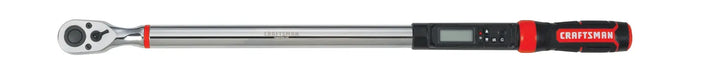 Photo of Craftsman digital torque wrench CMMT99436, black and red handle, side view, white background.