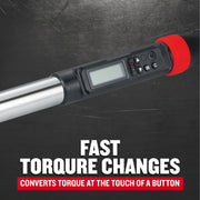 Photo of CRAFTSMAN digital torque wrench CMMT99436 with LCD display and black background, product graphics.