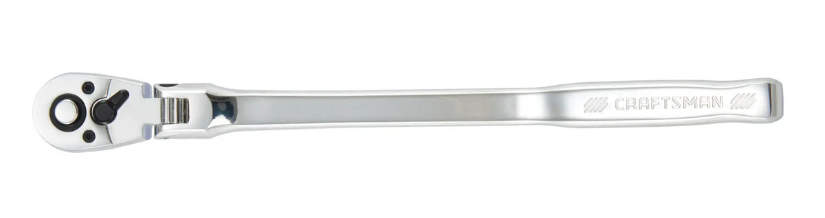 Photo of CRAFTSMAN long handle flex head ratchet, model CMMT99439, silver finish, side angle on white background.
