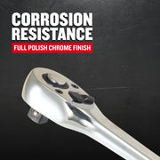 Craftsman ratchet wrench with chrome finish, corrosion resistance; close-up angle, CMMT99441.