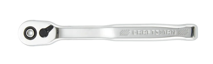 Photo of CRAFTSMAN CMMT99442 chrome ratchet wrench, top view on white background, with engraved brand name on handle.