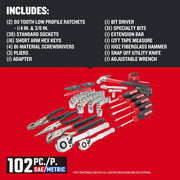 Craftsman CMMT99449 102-piece SAE/metric tool set, front view on white, includes ratchets, pliers, sockets, screwdriver.