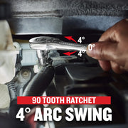Craftsman 90 tooth ratchet CMMT99449 used in engine bay, showing 4 degree arc swing with arrows and hand turning.