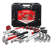 CRAFTSMAN CMMT99449 102-piece tool set with case, ratchets, screwdrivers, pliers, hammer, tape, and sockets.