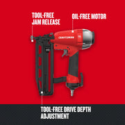 Photo of Craftsman nailer CMPFN16K with features tool-free jam release, oil-free motor, and drive depth adjustment.