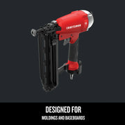 Craftsman red and black finish nailer CMPFN16K, angled view, suitable for moldings and baseboards.