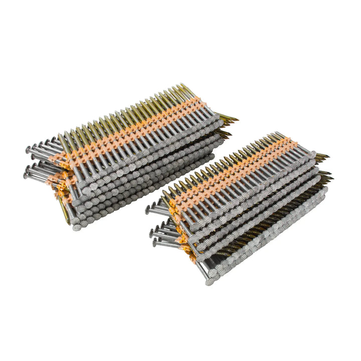 Photo of Craftsman collated framing nails, silver color, SKU CMRH21PP, construction hardware, angled view.