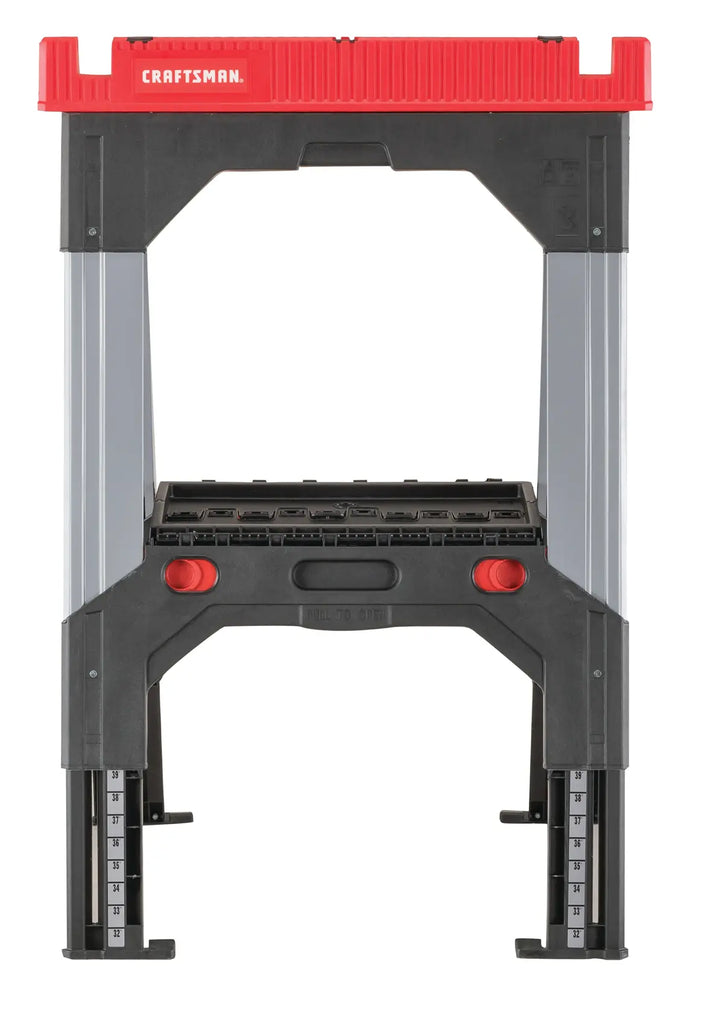 Front angle photo of Craftsman workbench, red and black, SKU CMST11031, with adjustable legs.