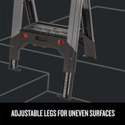 Photo of Craftsman CMST11031 graphics showing adjustable workbench legs with measurement markings, angled view.