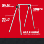 Craftsman folding metal sawhorse CMST11154 with metal legs, anti-slip rubber pad, and metal bar, front angle.