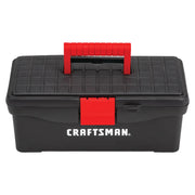 Craftsman CMST13004 black plastic toolbox with red handle and latch, front view on white background.