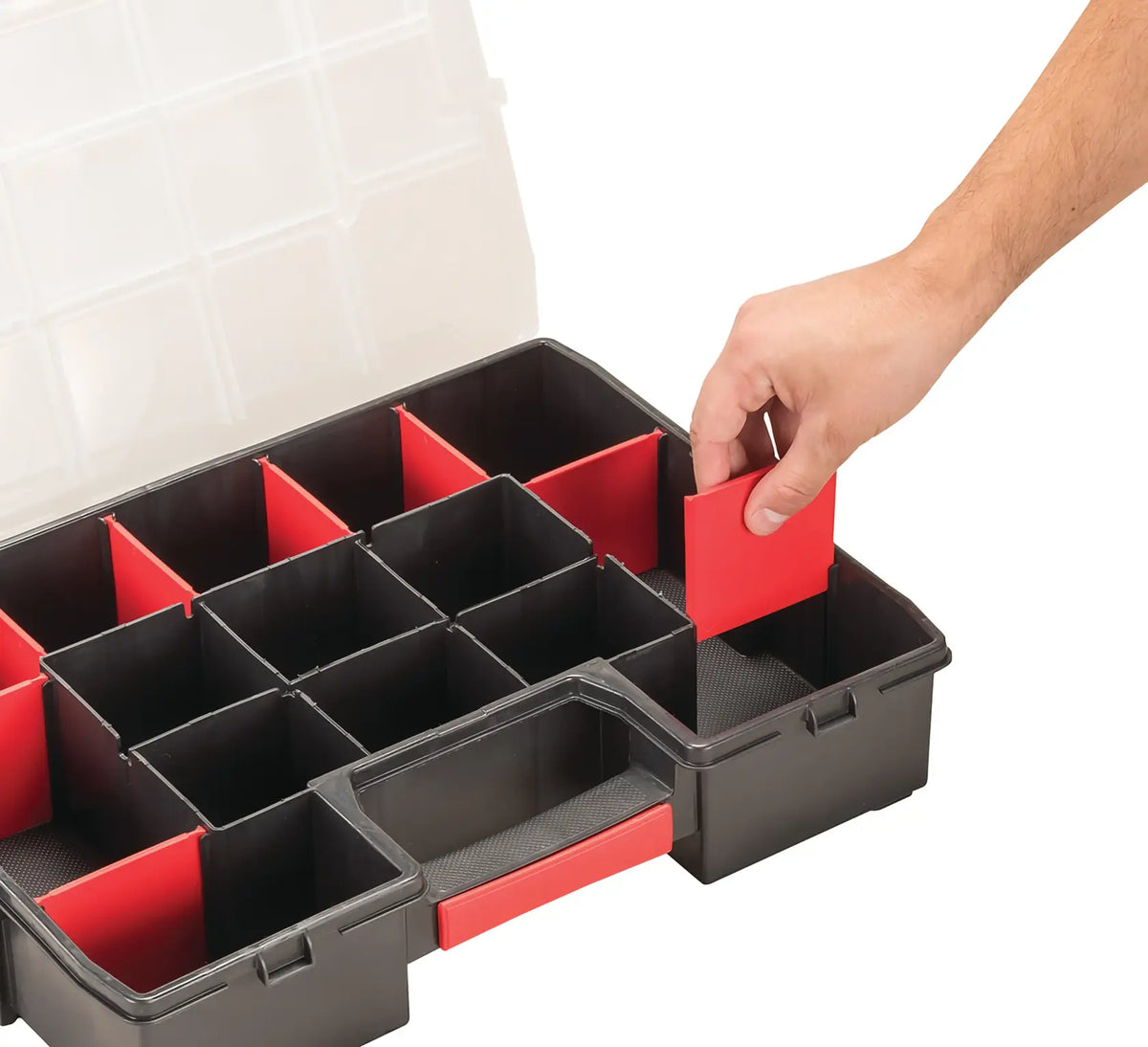 Photo of Craftsman organizer CMST14022 with red removable dividers, shown from top angle, hand adjusting divider.