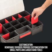 CRAFTSMAN organizer with removable red dividers for small parts, front angle, CMST14022.