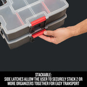 Photo of Craftsman organizer CMST14022 with clear lid, red side latch, and stackable design.