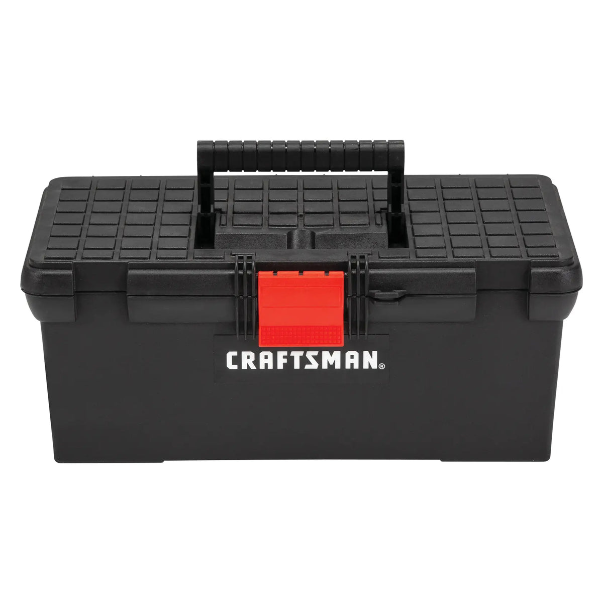 Craftsman CMST16005 black plastic toolbox with red latch and textured lid, front angle on white background.