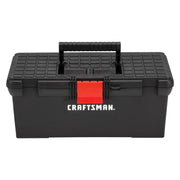 Craftsman CMST16005 black plastic toolbox with red latch and textured lid, front angle on white background.