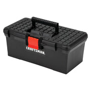 Photo of CRAFTSMAN black plastic toolbox with red latch, top handle, and grid pattern lid, CMST16005, angled view.