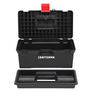 Craftsman CMST16005 black toolbox with open lid and removable tray, front angle, white background.