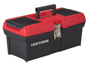 CRAFTSMAN CMST16901 black and red plastic toolbox with top handle and metal latch, front angle on white background.