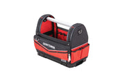 Craftsman CMST17621 open tool bag with red and black fabric, multiple pockets, and sturdy metal handle, angled view.
