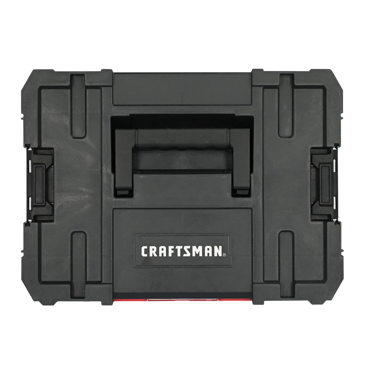 A black Craftsman branded hard plastic tool box with a handle on top, shown from a top-down view.
