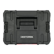 A black Craftsman branded hard plastic tool box with a handle on top, shown from a top-down view.