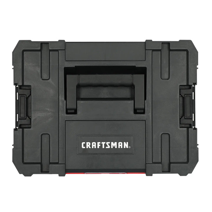 A black Craftsman branded hard plastic tool box with a handle on top, shown from a top-down view.