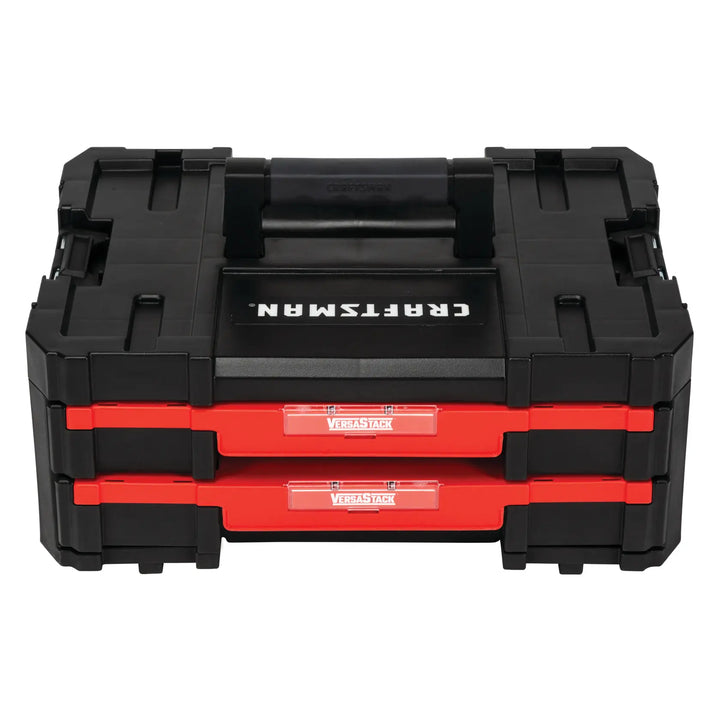 Photo of Craftsman tool box CMST17804 with two red VersaStack drawers, front angle, black casing.