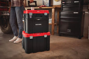 Photo of CRAFTSMAN rolling stackable toolbox with red and black design, SKU CMST17809, in a workshop setting.