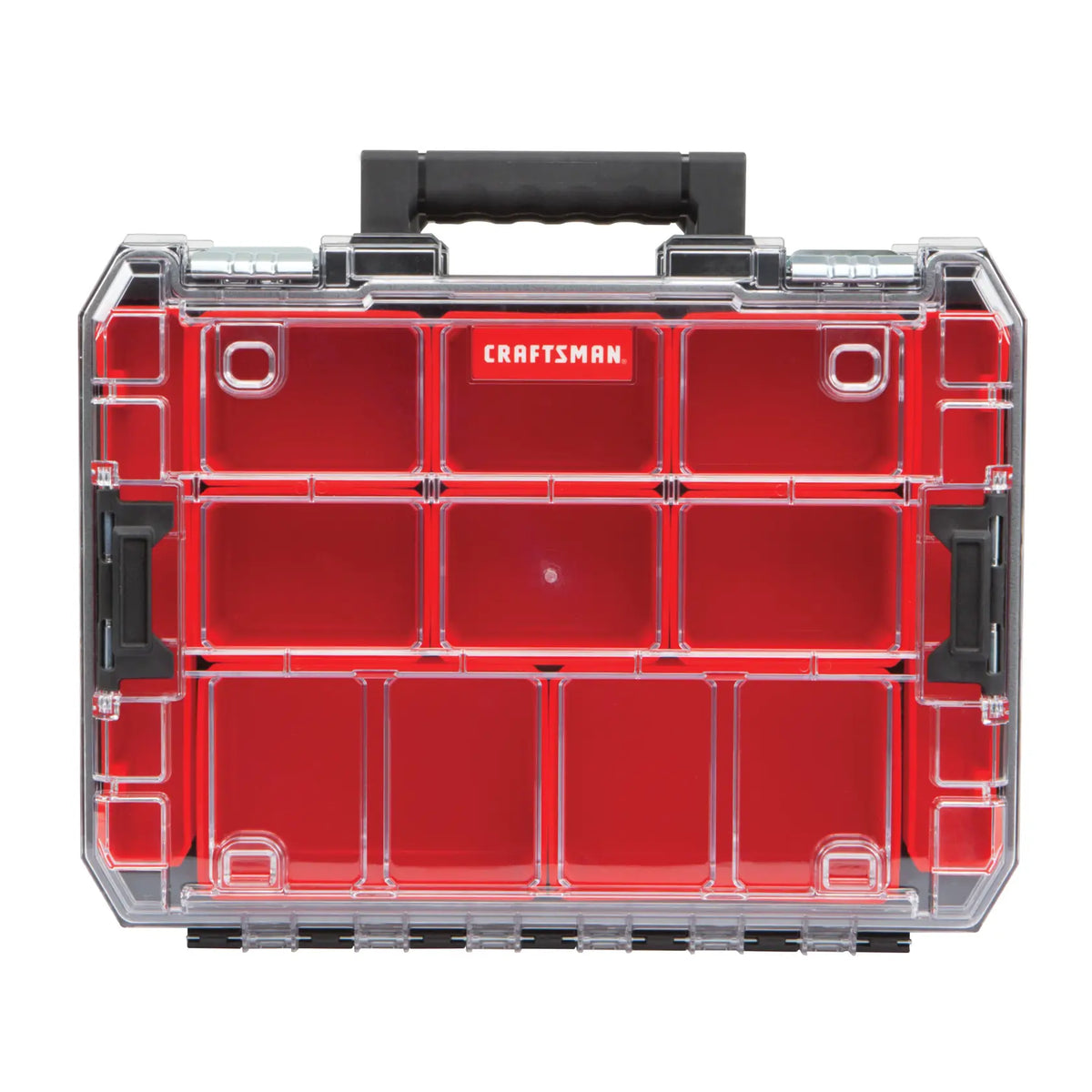 Front angle photo of CRAFTSMAN red and clear plastic organizer case with black handle, SKU CMST17817.