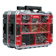 Photo of Craftsman CMST17817 organizer, black and red storage box with clear lid, front angle, compartments filled with assorted fasteners.