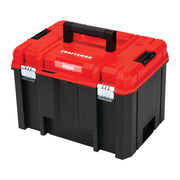 Craftsman CMST17825 black and red plastic toolbox with top handle and metal latches, angled front view.