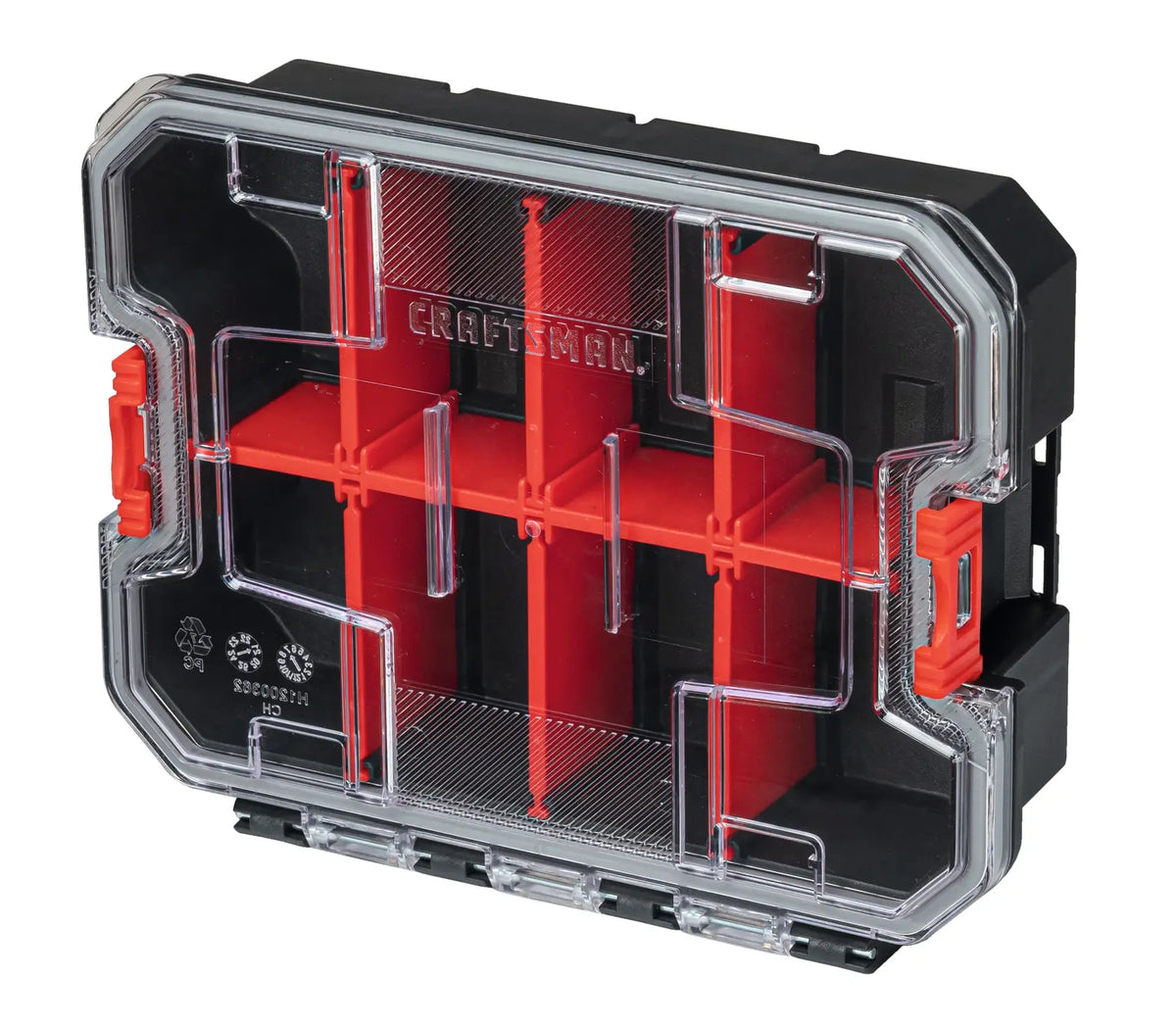 Craftsman organizer box CMST17827, clear lid, black and red compartments, front angle, tool storage.