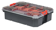 Craftsman CMST17827 tool organizer box with clear lid and red compartments, angled view.