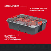 Craftsman organizer CMST17827 with 8 compartments, removable dividers, heavy-duty transparent polycarbonate lid, angled view.