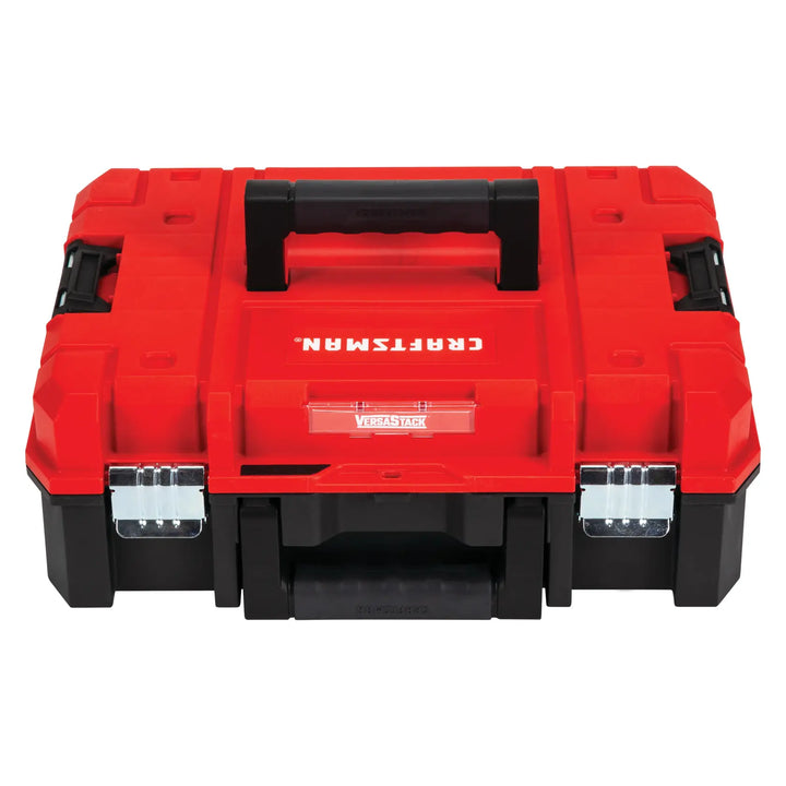 Front angle photo of CRAFTSMAN red and black tool box, SKU CMST17830, with sturdy handle and metal latches.