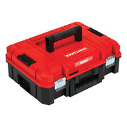 Photo of CRAFTSMAN tool box CMST17830, red and black plastic, front angle, metal latches, sturdy carry handle.