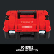 Photo of Craftsman red and black tool box, front angle, CMST17830, with IP54 water and dust protection.