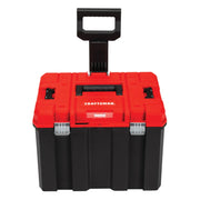 Front angle photo of Craftsman rolling toolbox CMST17835 with red lid, black body, and extended handle.