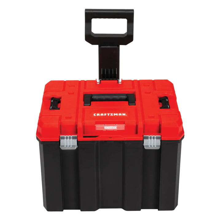 Front angle photo of Craftsman rolling toolbox CMST17835 with red lid, black body, and extended handle.