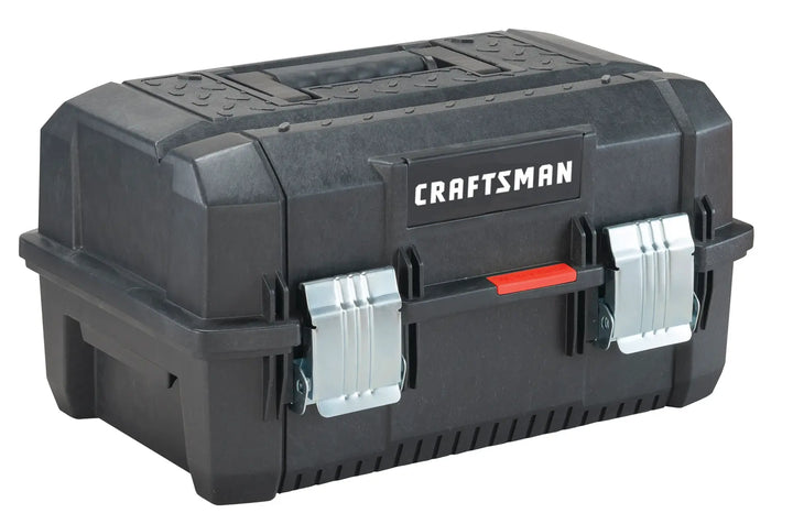 Craftsman CMST18001 black plastic toolbox with metal latches, red handle, front angle, white background.