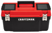 Photo of Craftsman CMST20901 black and red plastic toolbox with metal latches, top handle, and two small organizers, front angle.