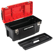 Craftsman CMST20901 black plastic toolbox with red lid, open to show interior tray and metal latches, angled view.