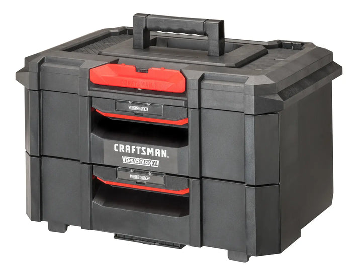 Photo of a Craftsman CMST21404 VersaStack XL black and red portable tool box with drawers, front angle on white background.