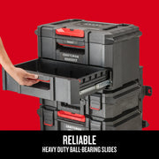 Photo of Craftsman stackable toolbox drawer with red latch, SKU CMST21404, being opened, angled view on white background.