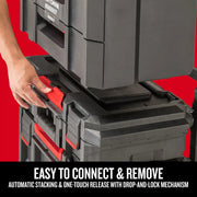Photo of Craftsman stackable toolboxes CMST21404, close-up on red latch and hand showing automatic stacking and one-touch release.