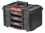 Craftsman black and red plastic tool organizer with four drawers, top handle, angled view, CMST21405.