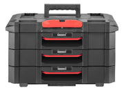 Front angle photo of CRAFTSMAN CMST21405 black and red three-drawer plastic tool box.