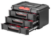 Photo of CRAFTSMAN CMST21405 black and red 3-drawer plastic tool organizer, angled view, drawers open with tools inside.